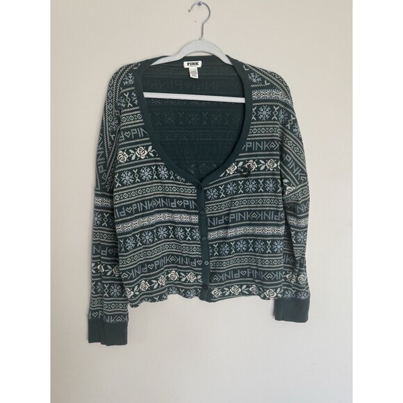 Victoria's Secret PINK Thermal Boxy Cardigan Deep Forest Fair Isle Holiday X-Lrg - Picture 1 of 16